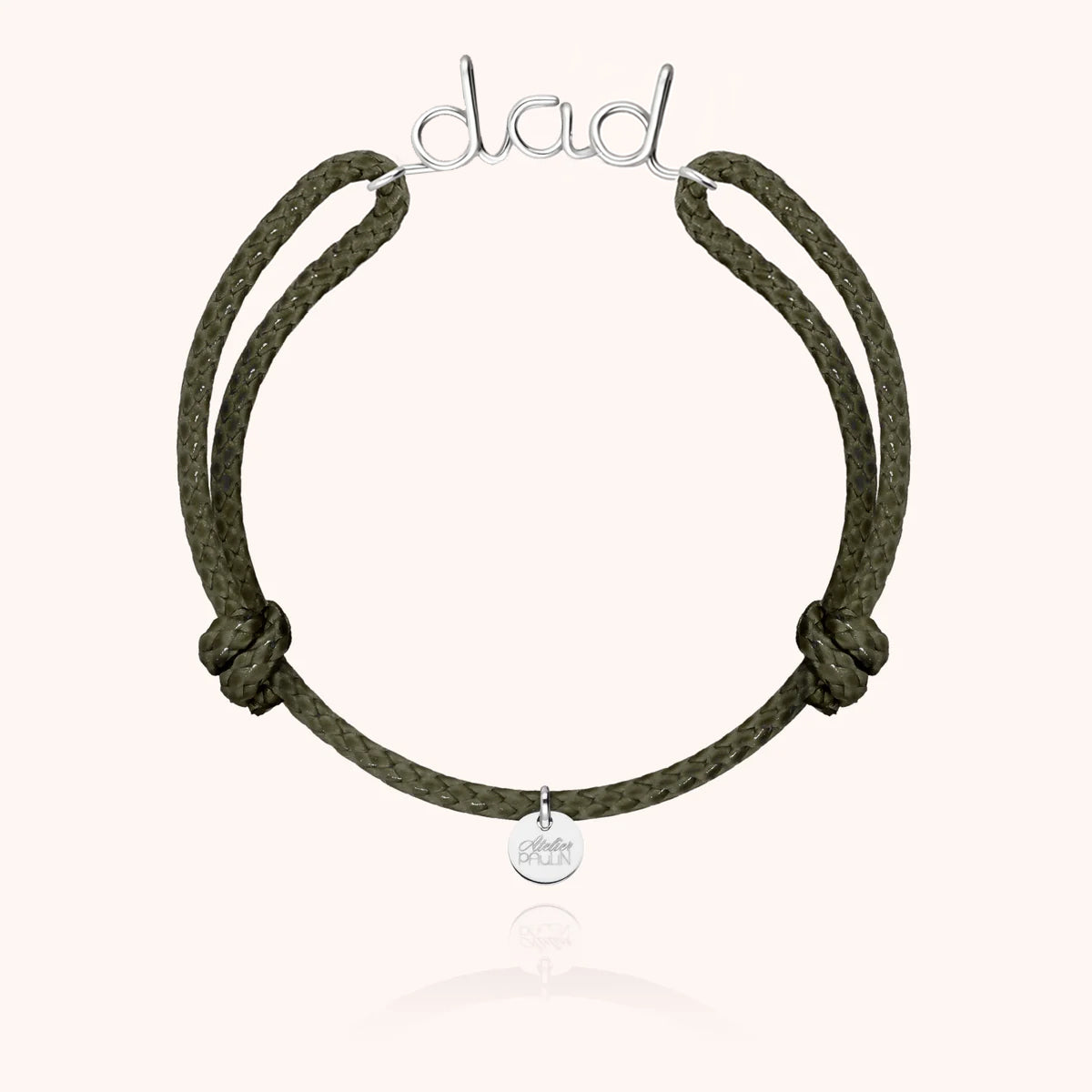 Dad cord bracelet for him. Men's jewellery handcrafted in Paris by Atelier Paulin from sterling silver --colour_khaki