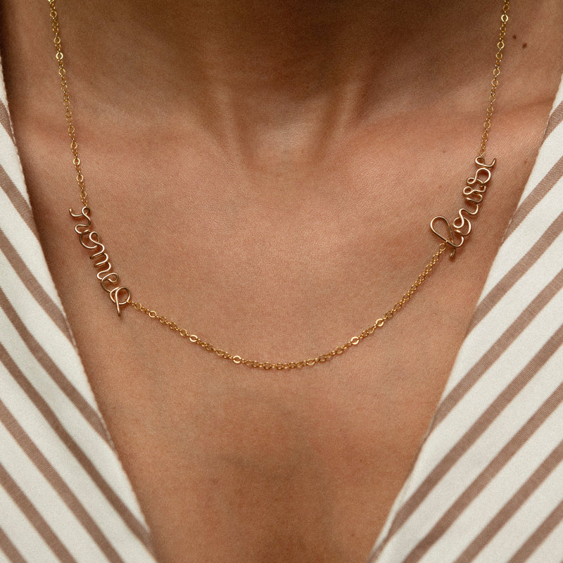 Richelieu Duo Personalised names Necklace rose gold worn on neck handmade Atelier Paulin Australia